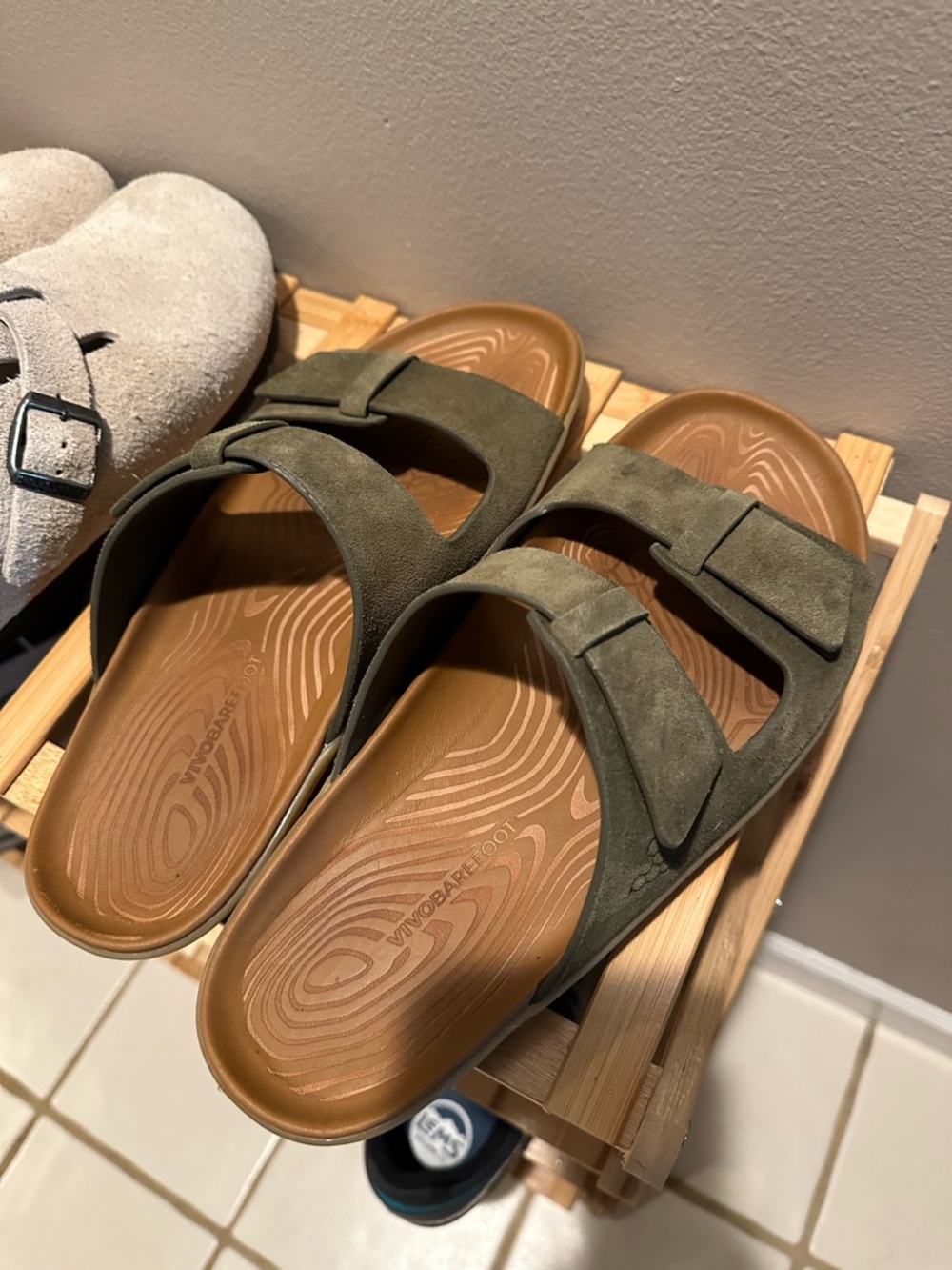 Yin Slides Vivo Barefoot Olive Green Suede Sandals